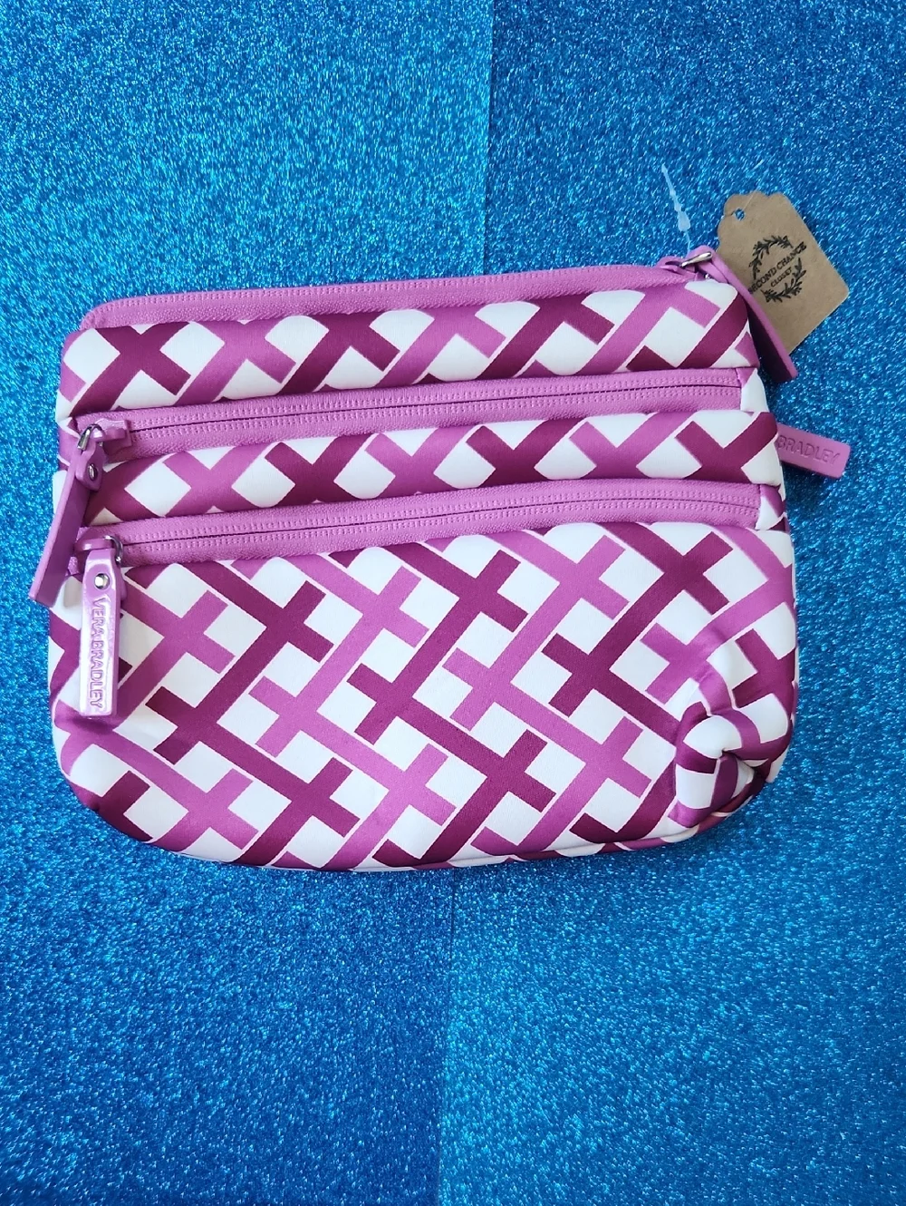 Vera Bradley Pink & White Lattice Triple-Zip Cosmetic Bag